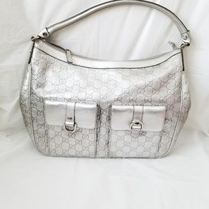 Authentic Gucci Leather Silver Shoulder Bag